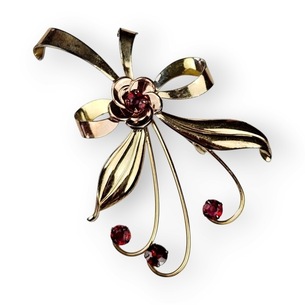 Harry Iskin Flower Spray Brooch Rose Red Rhinestone Gold Filled Vintage 40s 2.5"